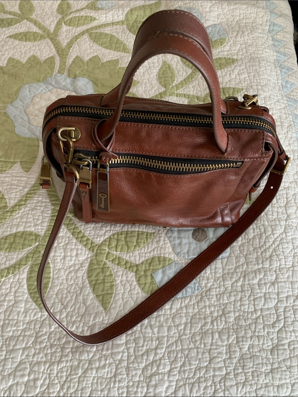Fossil Chestnut Brown Leather Crossbody with Gold Hardware